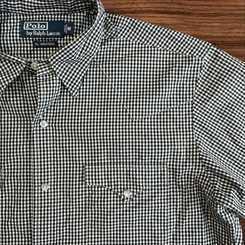 Polo Ralph Lauren Western Shirt Men's M Black Gingham Pearl Snap Short Sleeve